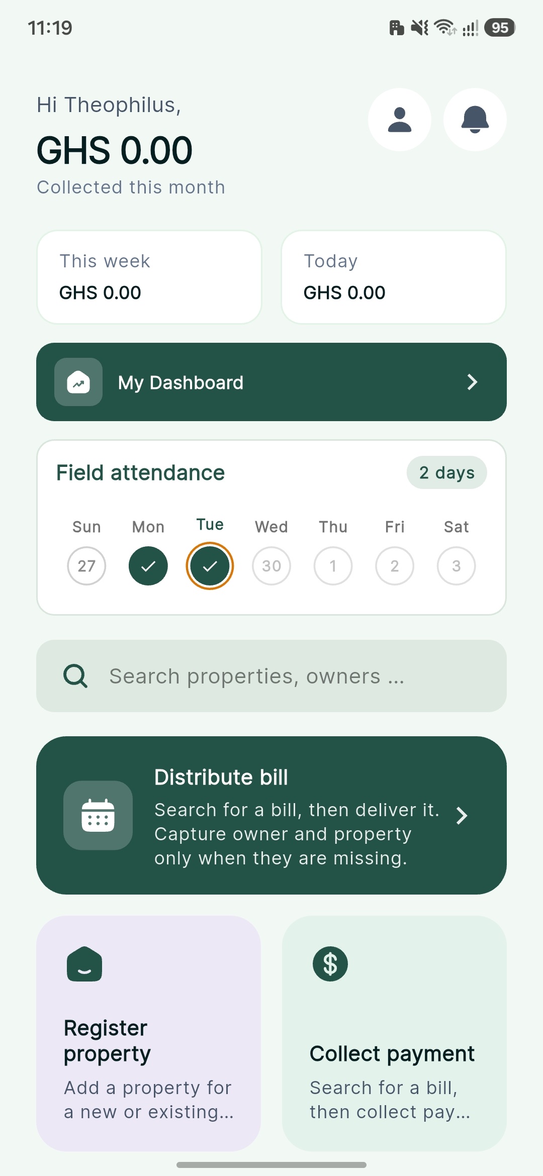 Agent app home screen
